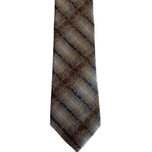 VanHeusen Neck Tie 100% silk, Silver, Gold, Grey Strip with design 58x3.5" - Picture 1 of 7